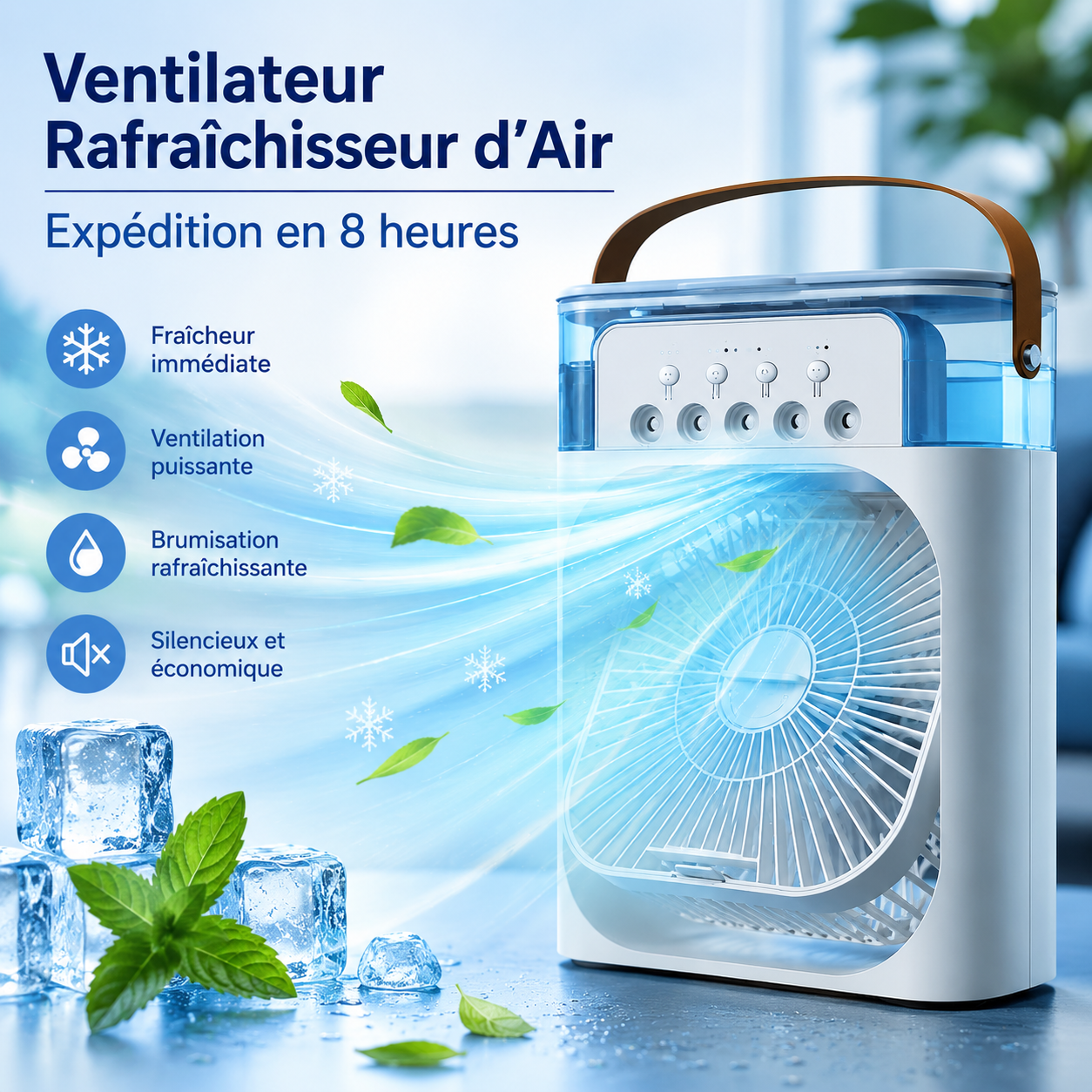 Mini Rafraîchisseur d'Air 3 en 1 – Ventilateur, Brumisateur & Veilleuse LED
