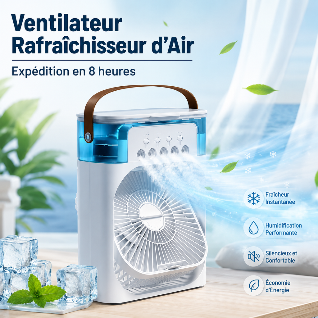 Mini Rafraîchisseur d'Air 3 en 1 – Ventilateur, Brumisateur & Veilleuse LED