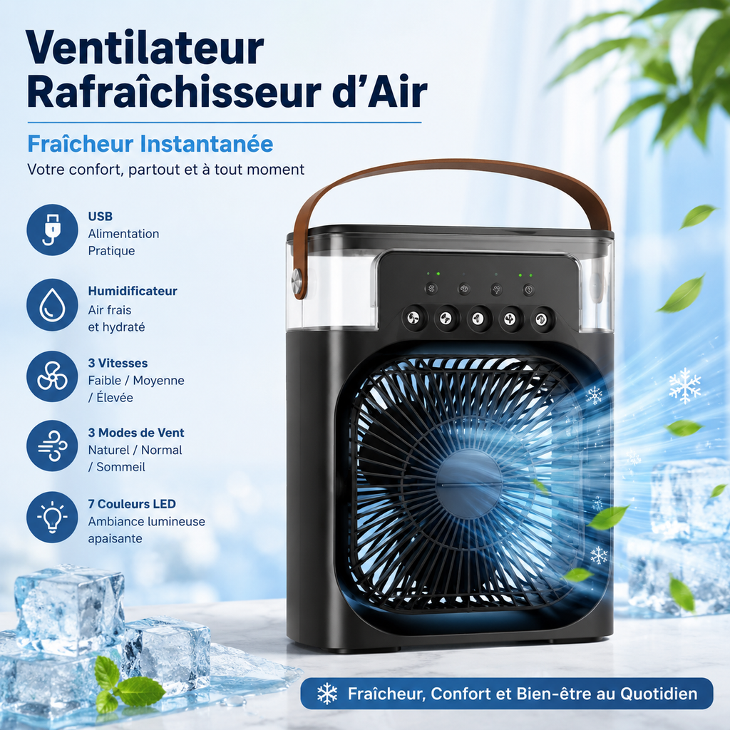 Mini Rafraîchisseur d'Air 3 en 1 – Ventilateur, Brumisateur & Veilleuse LED