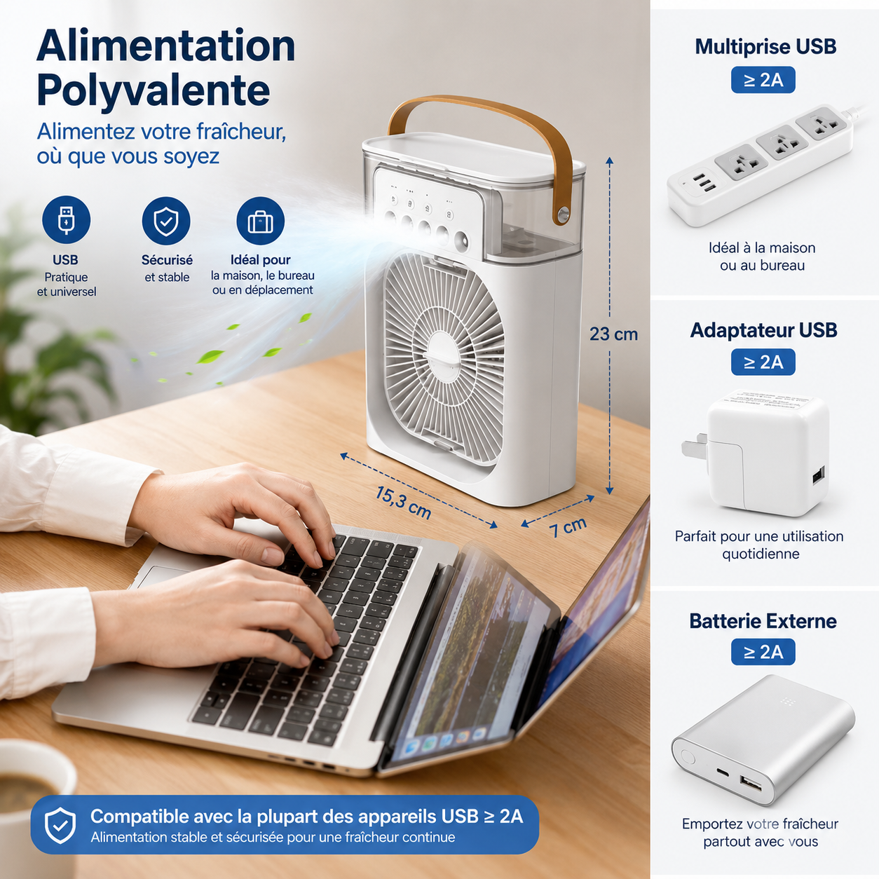 Mini Rafraîchisseur d'Air 3 en 1 – Ventilateur, Brumisateur & Veilleuse LED