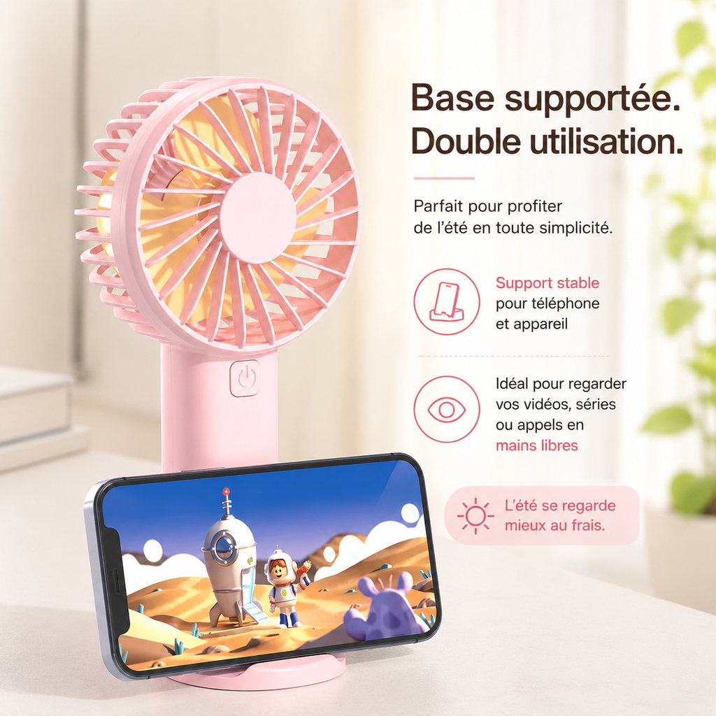 Mini Ventilateur USB Portable Airzio – Silencieux & Support Téléphone