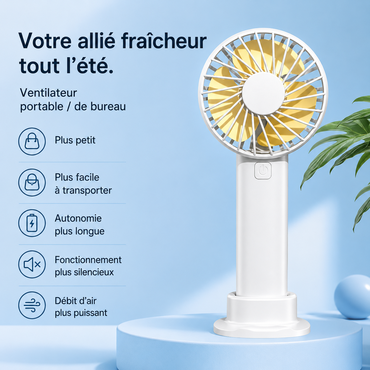 Mini Ventilateur USB Portable Airzio – Silencieux & Support Téléphone