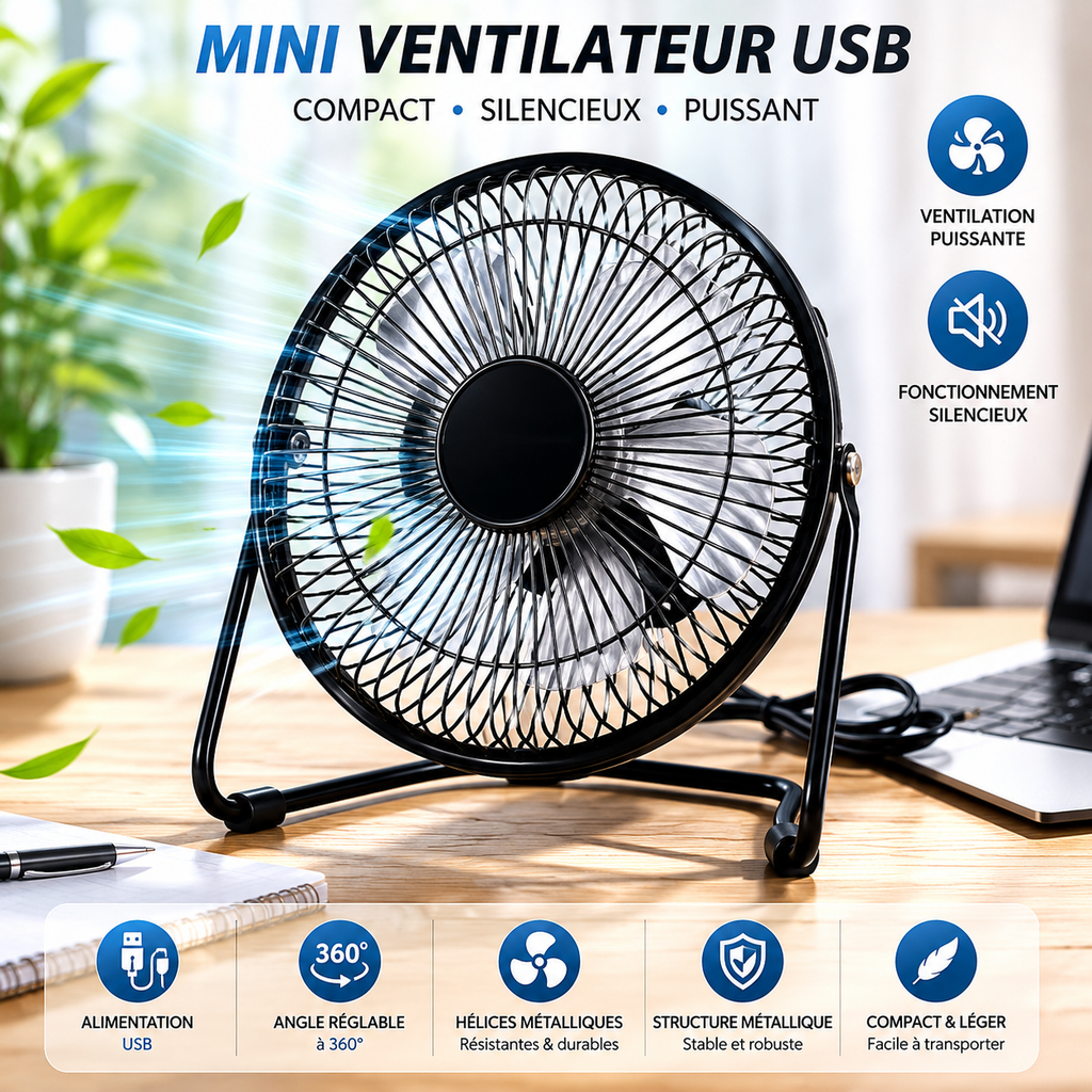 Mini ventilateur USB en métal 14,5 × 15 cm – Compact, puissant et silencieux