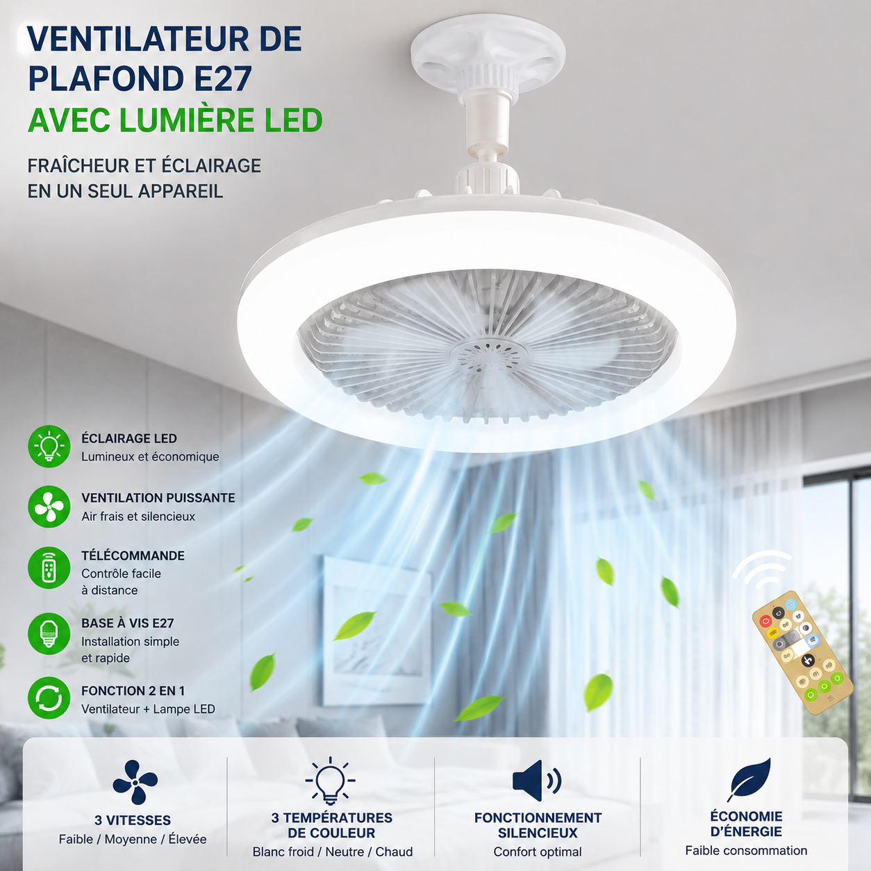 Ventilateur de plafond LED 3 en 1 avec télécommande – Éclairage, ventilation et confort au quotidien